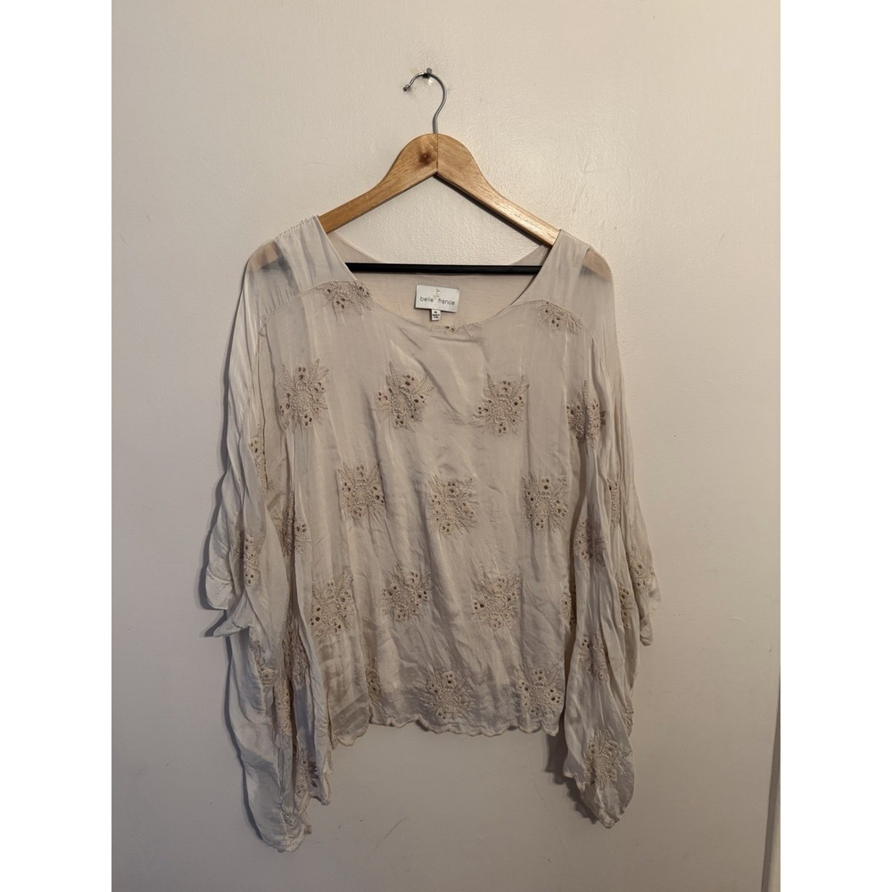 Belle France Women's Tan Silk Embroidered Italian Blouse Oversized Boho Size XL